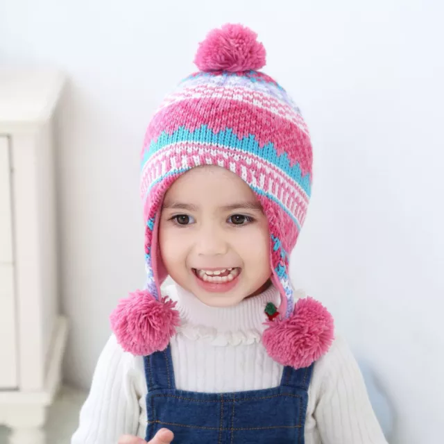 Kids Girls Winter Fleece Warm Hat Earflap Beanie Pompom Knitted Hat for 4-10 Yrs