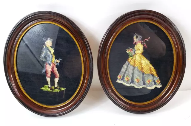 2 Vtg Colonial 1800's Style Man & Woman Images Oval Framed Needlepoint Canvas