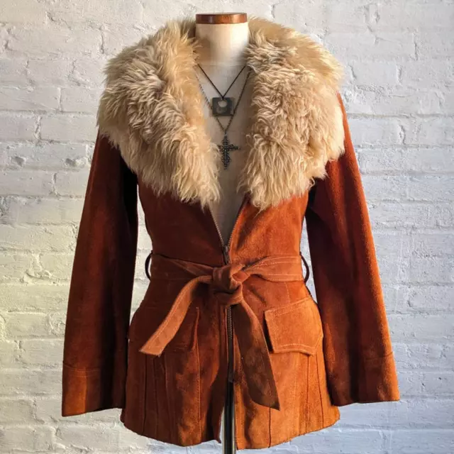 70S PENNY LANE Groovy Suede Fur Jacket Furry Genuine Leather Mod Trench ...