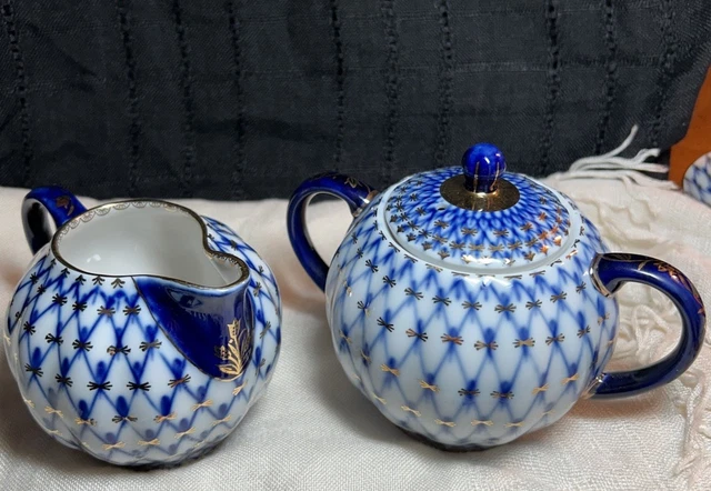 LOMONOSOV RUSSIAN IMPERIAL Porcelain Cobalt Net Creamer & Sugar
