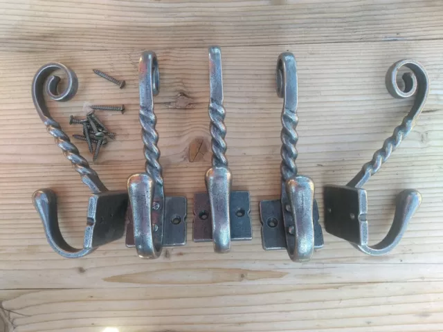 5 X Old English Cast Iron Coat Hooks Natural Polished Iron