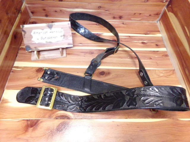 36" WWII Era Vintage Police Black Floral Tooled Sam Browne Belt & Shoulder Strap