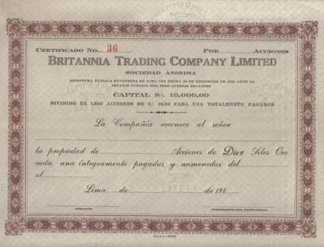 Original Peru 194_ Britannia Trading Company Limited 10 soles unissued