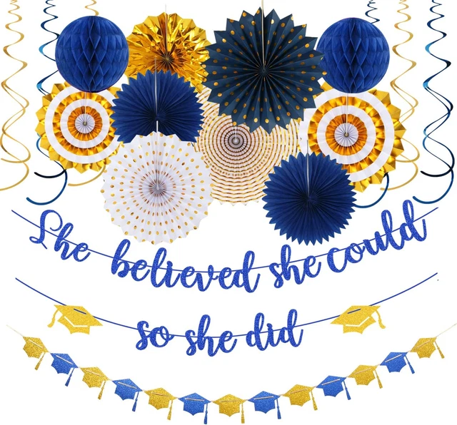 NAVY-BLUE GOLD PARTY-DECORATIONS Graduation Banner-Streamers - 18Pcs