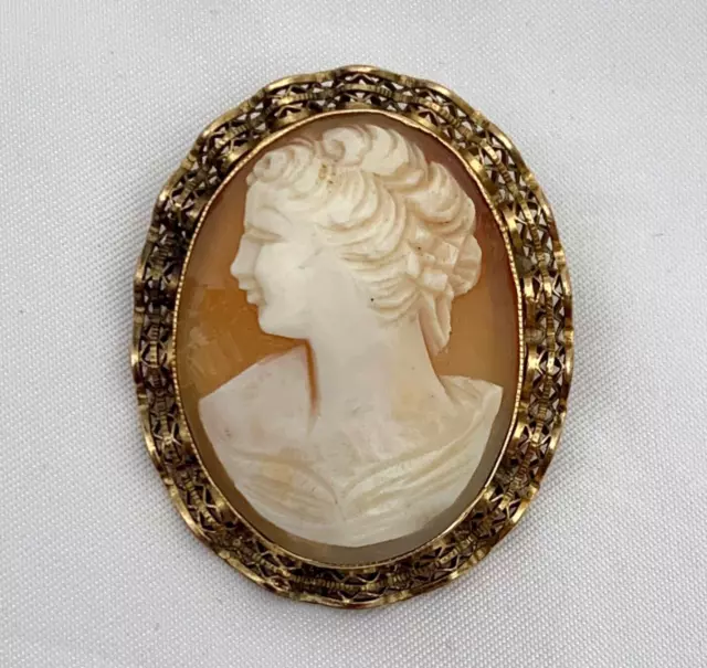 Vintage 12K Gold Filled Left Facing Cameo Brooch Carved Cornelian Conch Shell