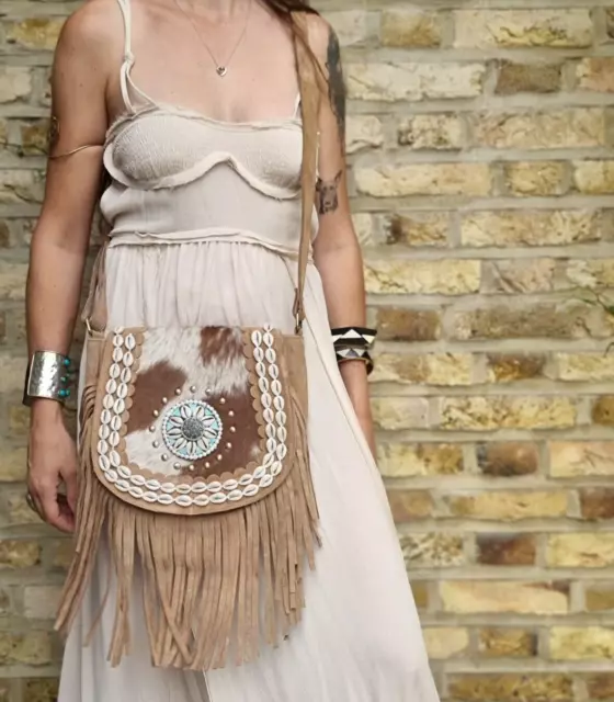 Cowhide Hippie LEATHER BAG Handmade Tassel boho Western vintage fringe summer