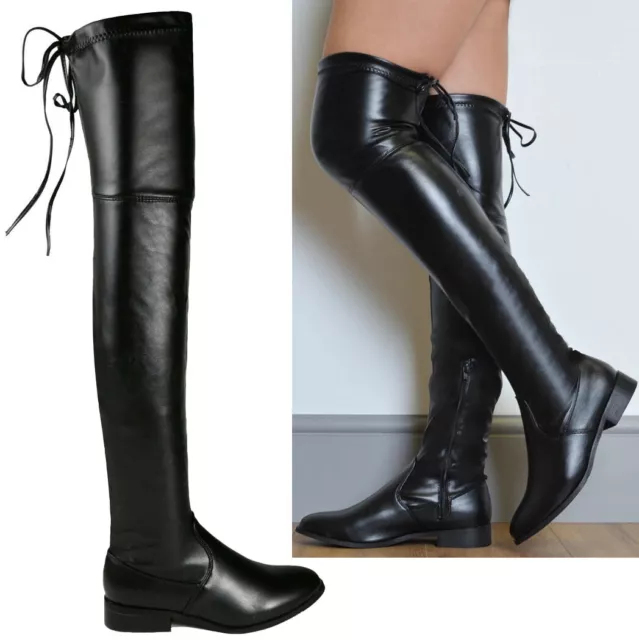 LADIES SOCK KNEE High Boots Womens Lace Up Chunky Stretch Calf