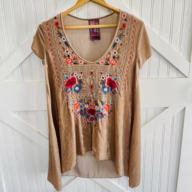 Johnny Was Women’s Tunic Top XS Floral Silk Blend Velvet Embroidered Boho Beige