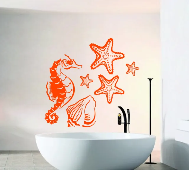 Nautical Wall Decal Sea Horse Vinyl Sticker Sea Shells Art Bathroom Decor kk223
