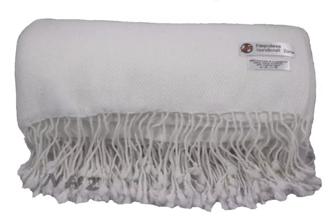 Himalayan Cashmere~Throw~Natural White Color~Blanket~54"x108"~Hand Made in Nepal