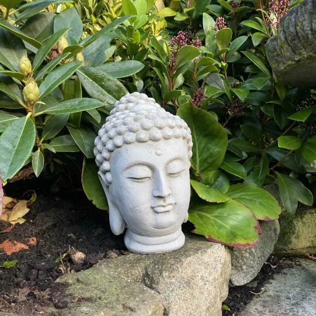 BUDDHA HEAD GARDEN Statue Asian Thai Style Solid Stone Cast UK Handmade ...