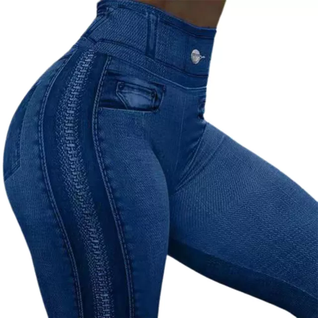 Yoga Pants Stretchy Skinny Women Zipper Print Faux Denim Jeans Hip Lifting