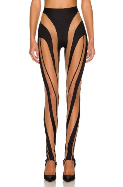 Mugler Women's Sheer Spiral Leggings Mesh Nude & Black Size 40 / 8 US