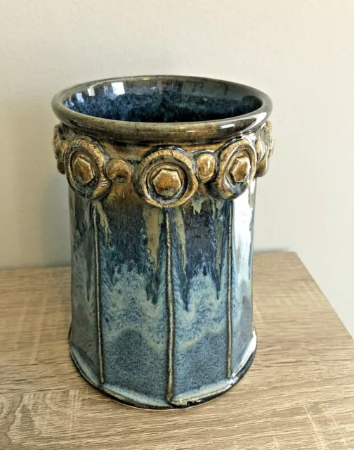 Signed Vintage Mid Century Modern Studio Art Pottery Vase Blue Green Drip Glaze