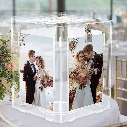 Acrylic Wedding Card Box with Picture Frame, Clear Gift Card Box for Wedding ...