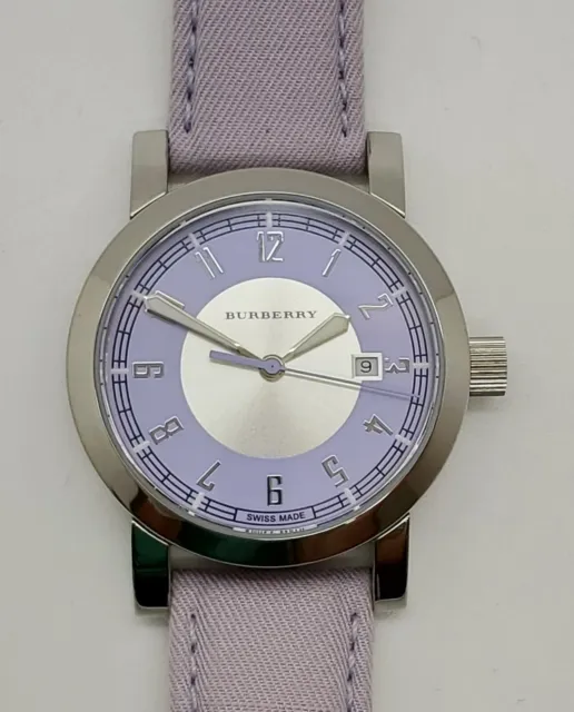 Burberry BU7110 Silver Tone Purple Dial Textile Leather Strap Womens Swiss Watch