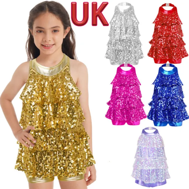 UK Freebily Kid Girl Sequins Dance Dress Sparkle Jazz Hip Hop Leotard Dancewear