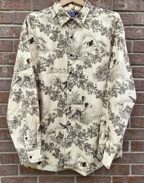 Vintage 90s Polo Ralph Lauren Marlowe Hunting Dogs Bird Button Up Shirt Cream XL