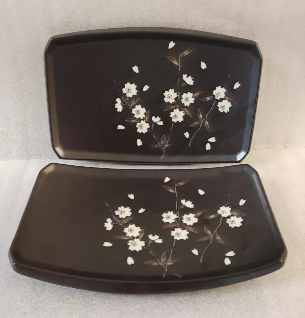 Set of 2 Kafuh Sushi Plates 7" Sakura Cherry Blossom Embossed Black White JAPAN