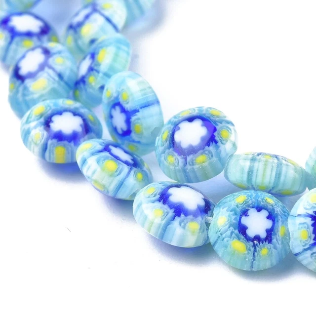 Millefiori Glasperlen Perlen Linse Lampworkperlen Hellblau 8x3mm 50 Stück