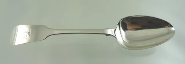 TIPPED FIDDLEBACK RATTAIL TABLE SPOON STERLING BY PM DUBLIN  1829 "Family Crest"