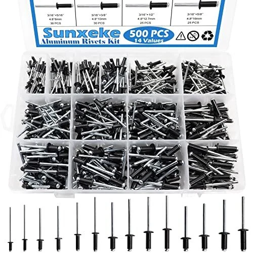 500pcs Pop Rivets Black Aluminum Rivets Pop Rivets Assortment Kit, As...