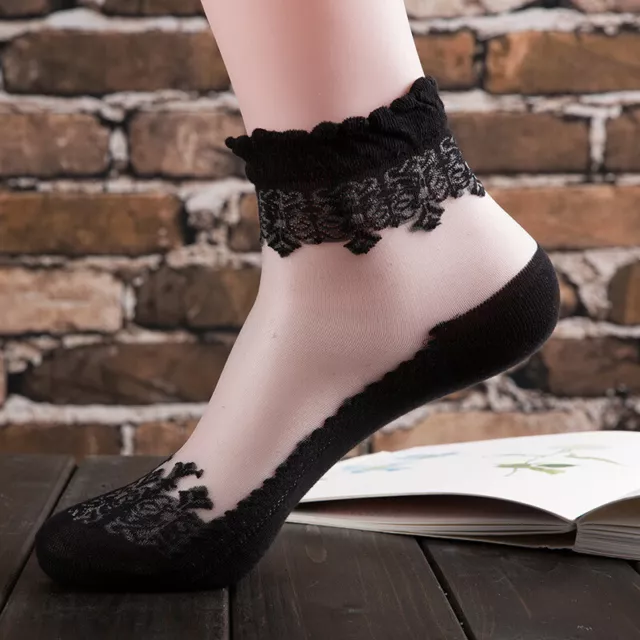 10 Pairs Women Ultrathin Cute Transparent Crystal Silk Lace Elastic Short Socks
