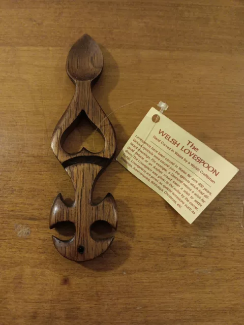 Welsh Love Spoon Hand Carved Wood Wales  Original Tag Hearts