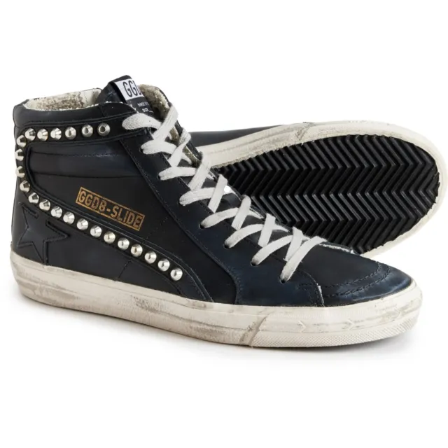 Golden Goose Studded Slide Classic High-Top Sneakers, Black Leather, 7 (37), NWB