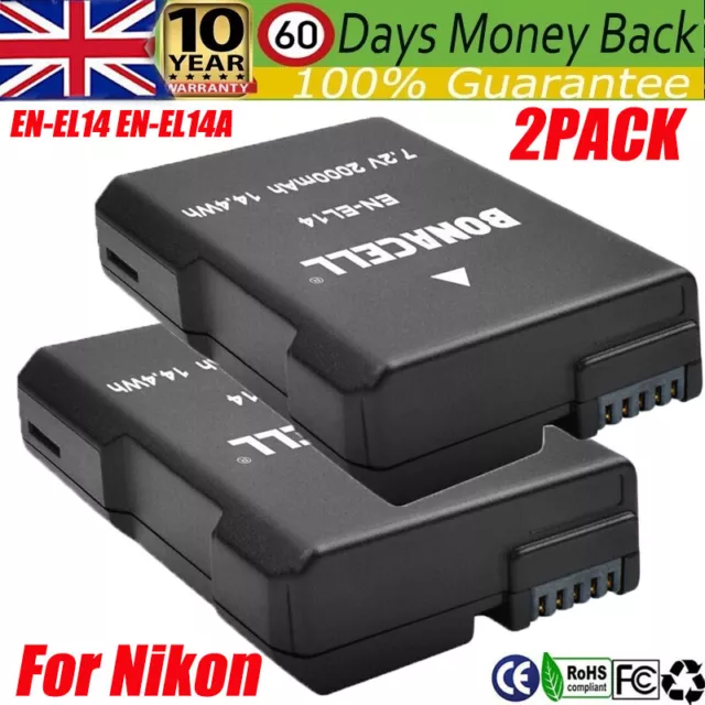 2X 2000mAh Battery For Nikon EN-EL14 D3100 D3200 D5100 D5200 D5500 Coolpix P7000