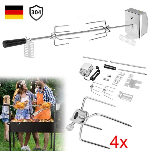 BBQ Drehspieß Grillspieß mit 4 Fleischnadel Set Edelstahl Motor Rotisserie Grill
