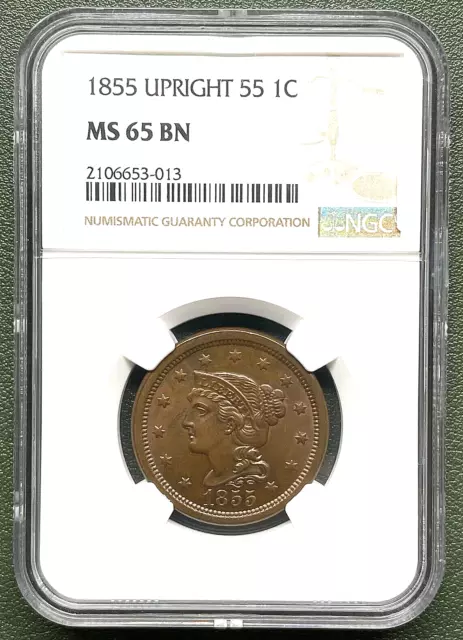 1855 Upright 55 Braided Hair Large Cent Ngc Ms65Bn