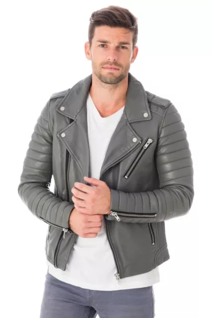 Neuf Homme Veste Cuir Pure Peau D'Agneau Gris Motard Slim Fit Souple Manteau