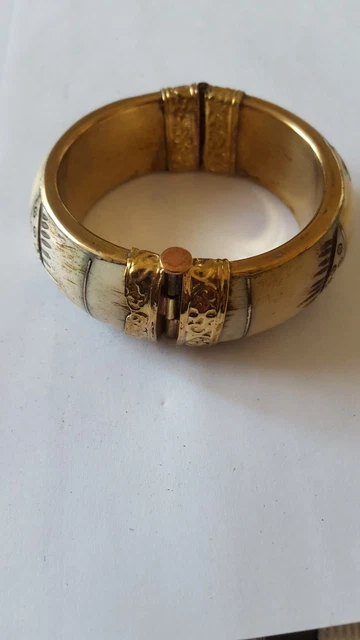 Bracelet Ethnique Vintage En Laiton Et Os De Bovin - Style Africain Artisanal Sans Fermoir (Occasion)