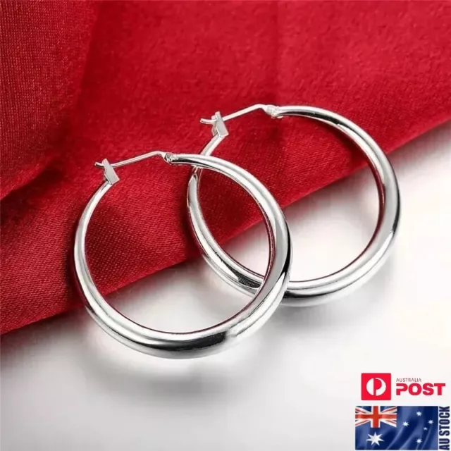 NEW Stunning Women Girls 925 Sterling Silver Filled  Round Hoop Earrings 34mm