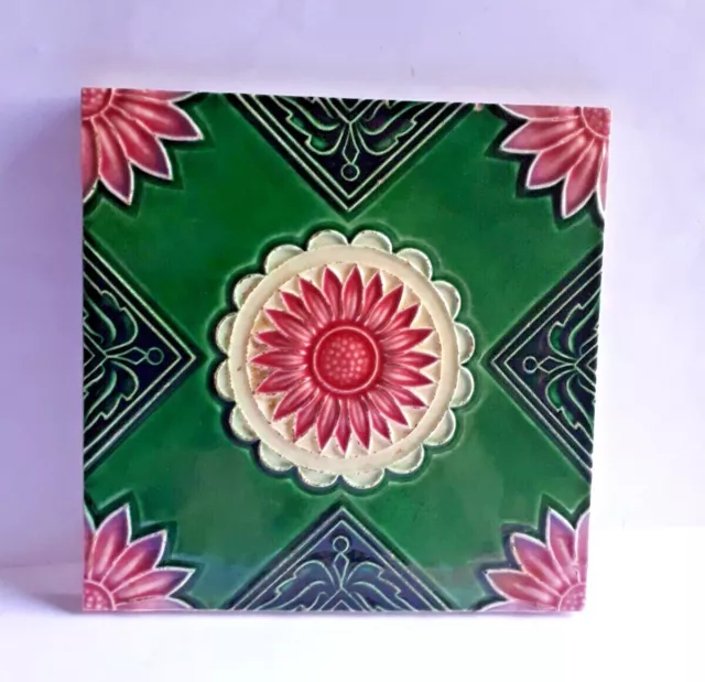 Vintage Ceramic Flower Tile Green Color Porcelain Vintage Art Made In Japan Fm
