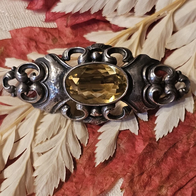 Broche Ancienne Argent 835 Art Nouveau Début XXe - Cristal Et Citrine (50x22mm)