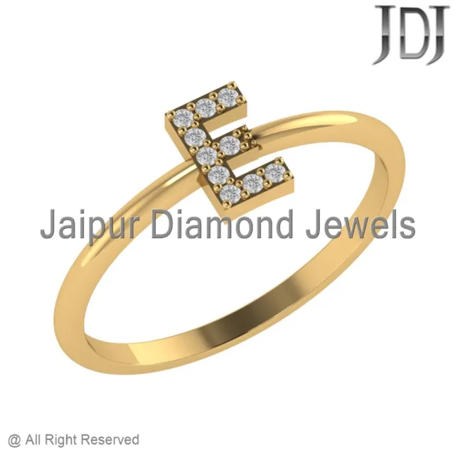 Sólido 14k Anillo Oro Amarillo Diamante Natural E Carta Alfabeto Inicial Regalo