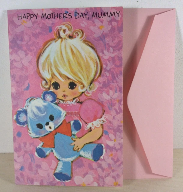 Vintage Mothers Day Card Rare Raphael Tuck MCM Big Eyes Girl & Bear BNOS 1960s