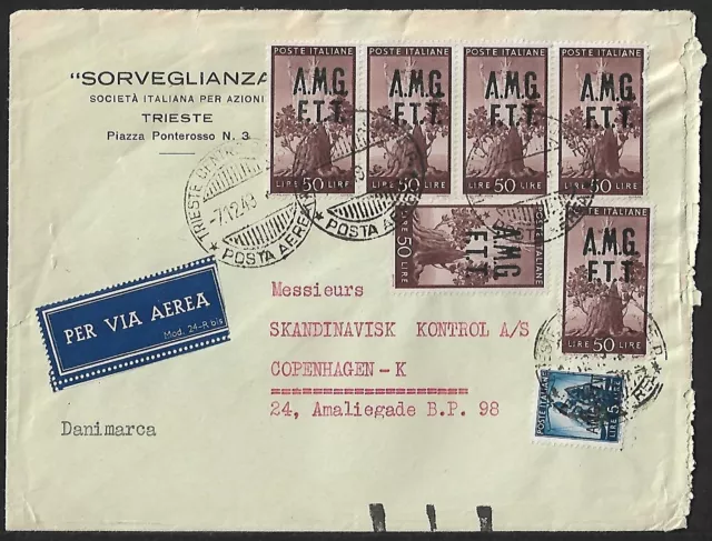 Italy Trieste Zone A To Denmark Air Mail Ovpt Stamps On Cover 1949