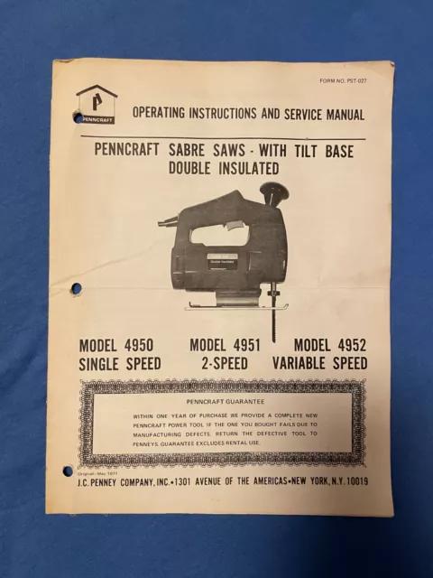 1971 Penncraft Sabre Saw Instruction Manual Model 4950-2 JC Penney Vintage Tools