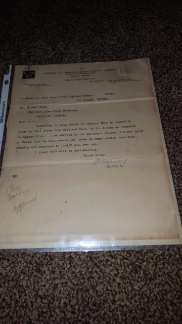 Letter To St Joseph Stockyard From Railroad go beginning rates from Highland KS