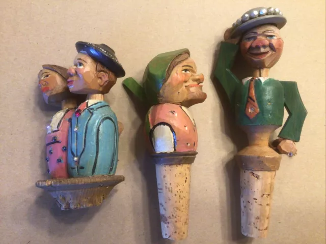 3 Fun Vintage hand Carved & painted Wooden Figures Wine Cork Stoppers