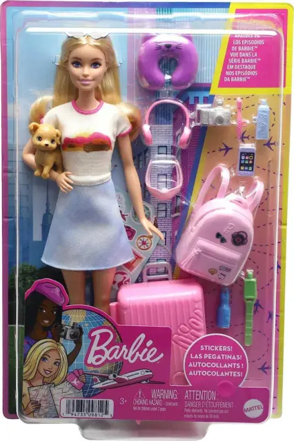 Barbie Doll Malibu Travel Set With Puppy And 10+ Accessories Working Suitcase