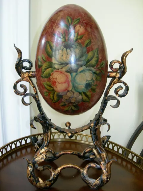 Maitland Smith Rusty Red Hand Painted Floral Egg on Wrought Iron Gilded Stand