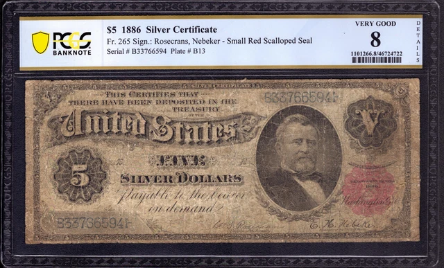 1886 $5 Silver Certificate Morgan Back Note Fr.265 Rosecrans Nebeker Pcgs B Vg 8