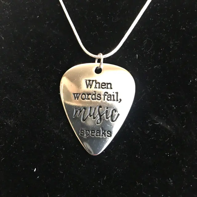 Guitar Pick Pendant Necklace When Words Fail, Music Speaks Sterling Silver Chain