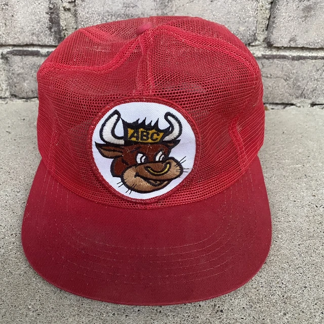 VINTAGE 1980s ABC CATTLE COW BULL K-BRAND MESH USA PATCH TRUCKER SNAPBACK HAT