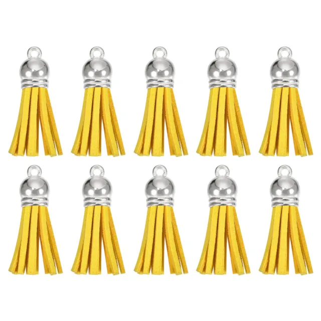 30Pcs 1.5" Leather Tassels Keychain Charm with Silver Cap for DIY, Yellow