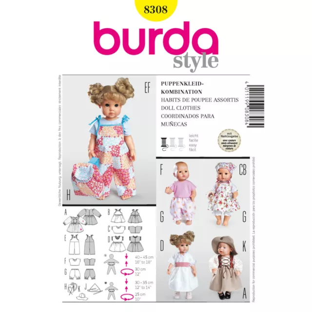 BURDA 8308 DOLLS CLOTHES Sewing Pattern  29cm 12"-14"  16"-18" Doll  Skill: EASY